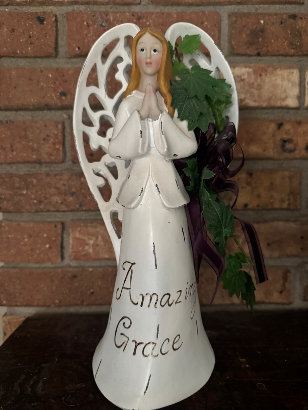 White 'Amazing Grace' Angel Figurine with Green Leaves